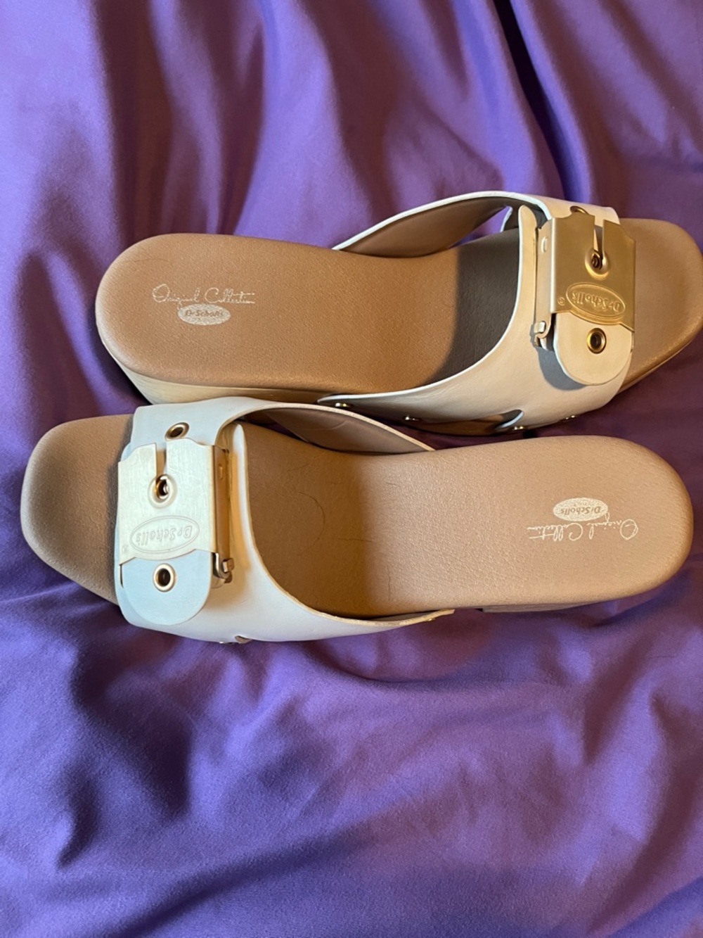 Dr. Scholl's Cream Slide Sandals with Gold Buckle